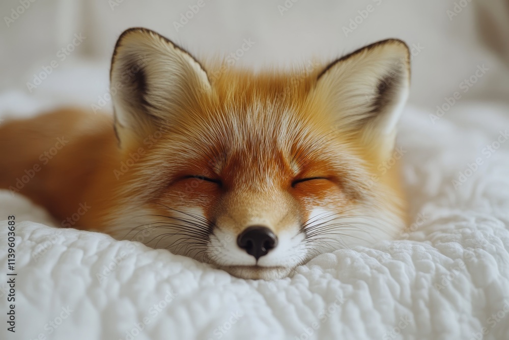 Fototapeta premium one sleeping fox on white bed background, abstract wild pets