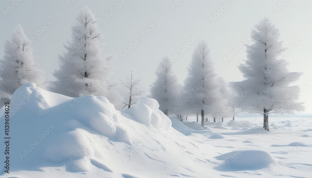 Snowy Landscape with White Snow Pile and Frosted Trees in Calm Winter Scenery Snowy Landscape with White Snow Pile and Frosted Trees in Calm Winter Scenery