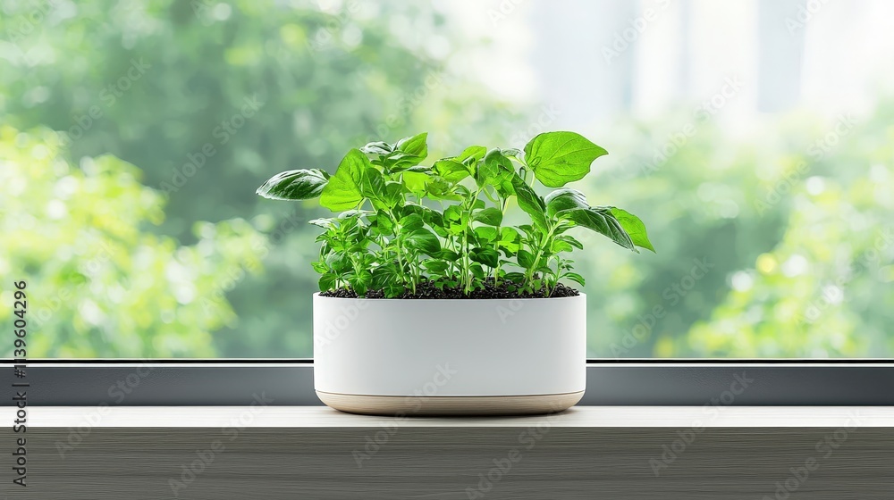 Fresh Green Herbs in Modern Planter on Window Sill Fresh Green Herbs in Modern Planter on Window Sill