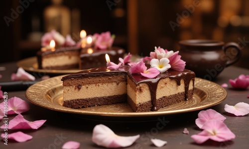 An elegant mousse cake shaped like a heart, with layers of mocha and coffee flavors, topped with glossy chocolate glaze photo