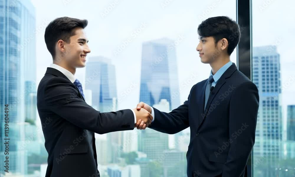 Two young professionals in suits engaging in conversation with a city view. Two young professionals in suits engaging in conversation with a city view.