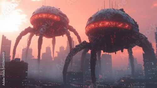 Futuristic cityscape with alien-like structures hovering above, illuminated against a sunset.