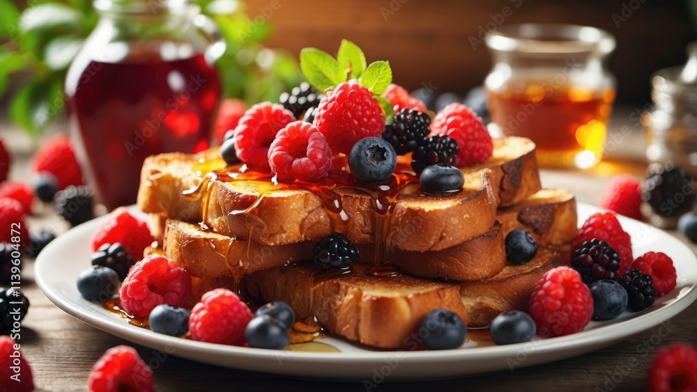 A plate of French toast stacked high, drizzled with syrup, A plate of French toast stacked high, drizzled with syrup,