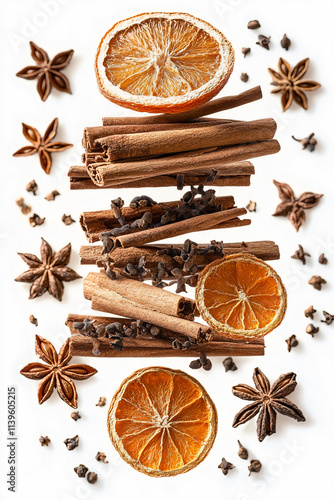 levitation of anise, cinnamon, dried orange and cinnamon on a white isolated background