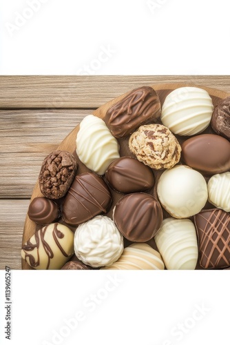 Assorted chocolates on wooden board.