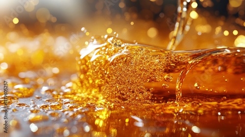 Close-up of Golden Liquid with Air Bubbles and Glittering Background