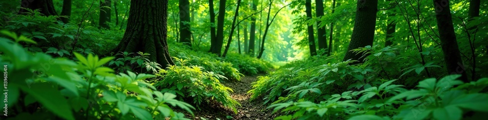 Obraz premium dense thicket of fresh green ferns and branches, ferns, foliage, woodlands