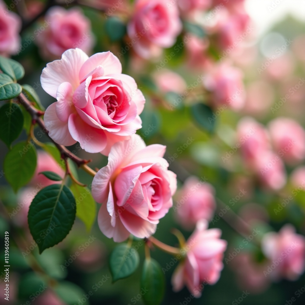 Delicate pink rose petals cascade down a tree branch, pink roses white flowers, blooming tree, nature photography Delicate pink rose petals cascade down a tree branch, pink roses white flowers, blooming tree, nature photography