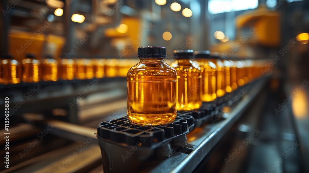 Bottles of Raw Vegetable Oil in Industrial Production Setting Bottles of Raw Vegetable Oil in Industrial Production Setting