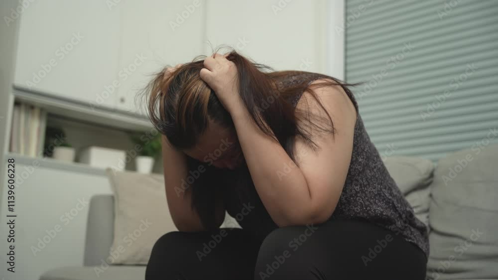 Sad Overweight plus size woman thinking about problems on sofa upset girl feeling lonely and sad from bad relationship or Depressed woman disorder mental health Sad Overweight plus size woman thinking about problems on sofa upset girl feeling lonely and sad from bad relationship or Depressed woman disorder mental health