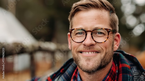 Close-up portrait of a smiling man with glasses wearing a plaid scarf.