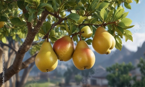 Pear tree branches with ripe Bartlett pears hanging from the end of the branch , orchard, summer photo