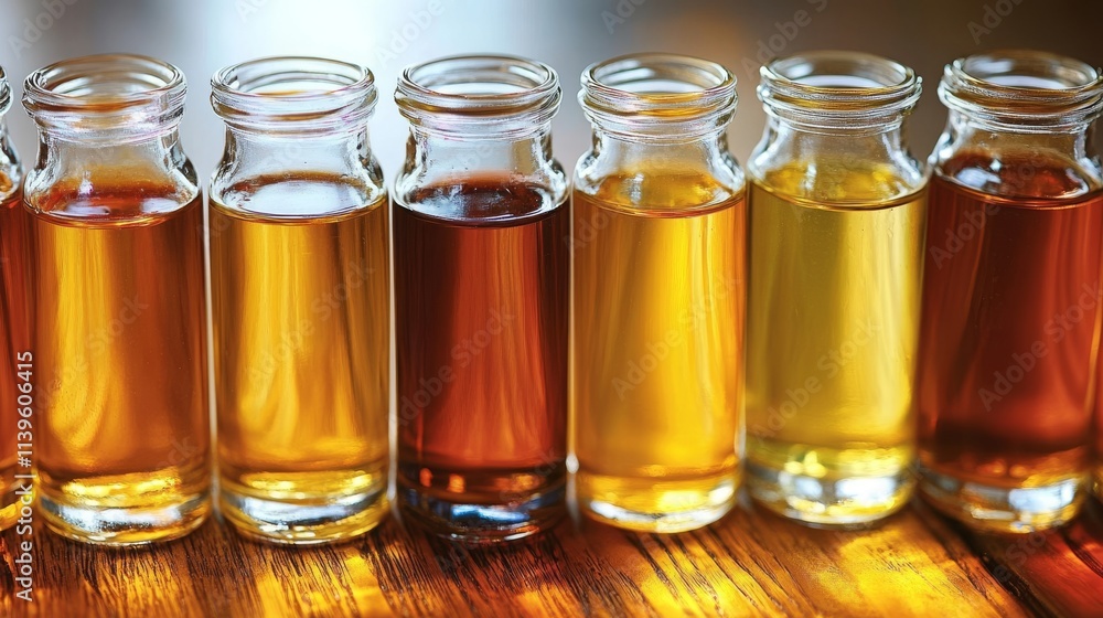 Variety of Vegetable Oils in Glass Bottles on Wooden Table Variety of Vegetable Oils in Glass Bottles on Wooden Table