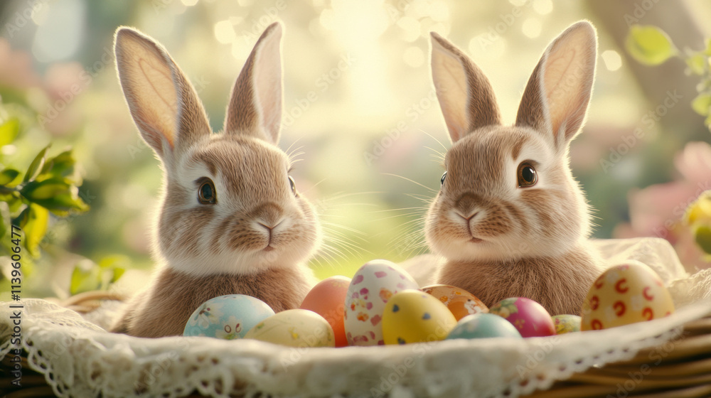 Adorable bunnies sitting in a wicker basket surrounded by colorful easter eggs Adorable bunnies sitting in a wicker basket surrounded by colorful easter eggs
