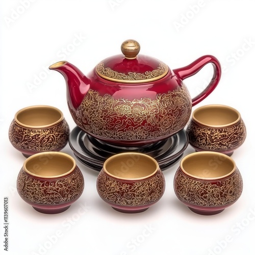 Chinese tea set with red and gold details isolated on white background