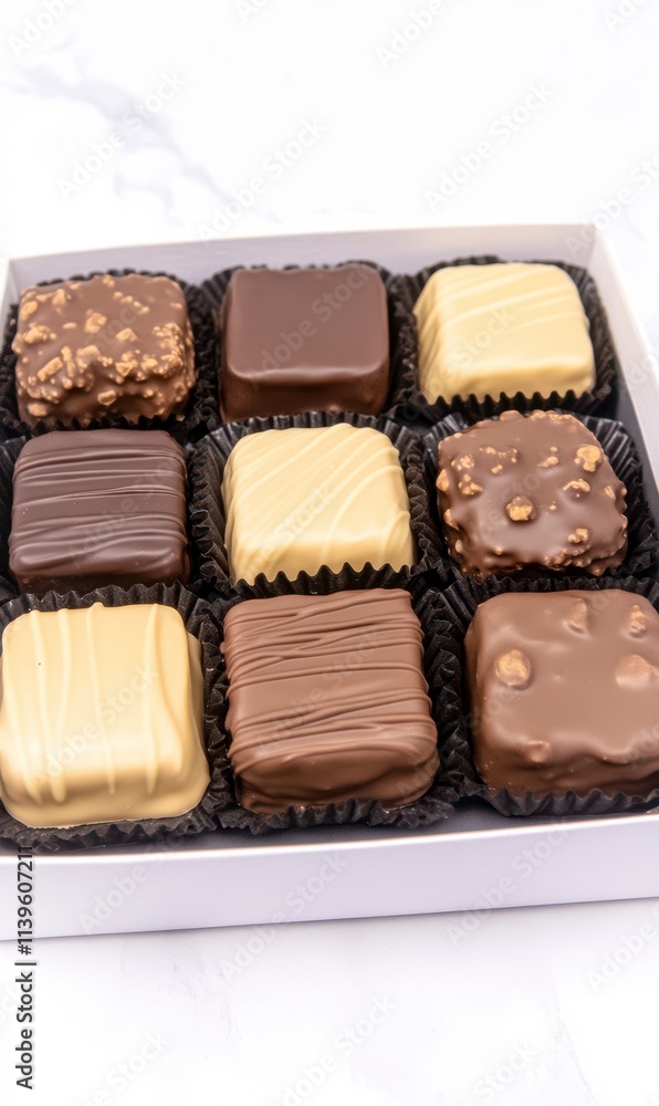 Assorted gourmet chocolate squares in a gift box.