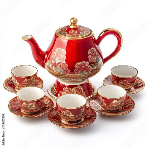 Chinese tea set with red and gold details isolated on white background