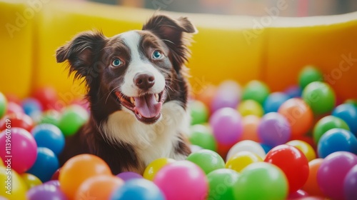 happy dogs playing in a colorful ball pit background