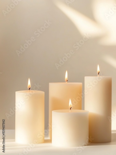 Wallpaper Mural Four lit candles of varying heights are arranged elegantly against a soft, neutral background, creating a warm and tranquil ambiance. Torontodigital.ca