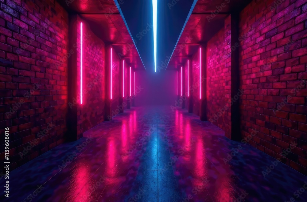 Empty hallway background with brick walls and neon light. Brick walls, neon beams and glow Empty hallway background with brick walls and neon light. Brick walls, neon beams and glow
