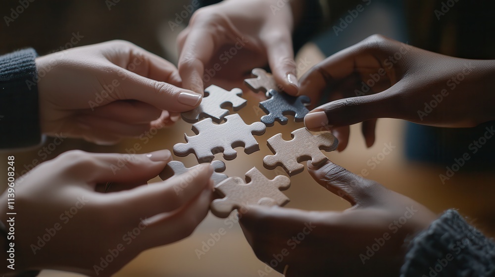 A close-up of hands connecting puzzle pieces in a cooperative effort, highlighting unity and strategic thinking A close-up of hands connecting puzzle pieces in a cooperative effort, highlighting unity and strategic thinking