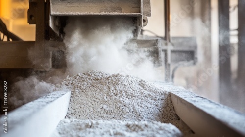 A detailed view inside a cement manufacturing plant, where raw ingredients like limestone are finely ground and mixed, before being heated to extremely high temperatures to produce cement. photo