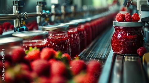 Fototapeta Naklejka Na Ścianę i Meble -  A detailed view of a jam factory production line, with jars of jam being sealed and labeled, while ripe fruits like strawberries and raspberries are processed nearby.