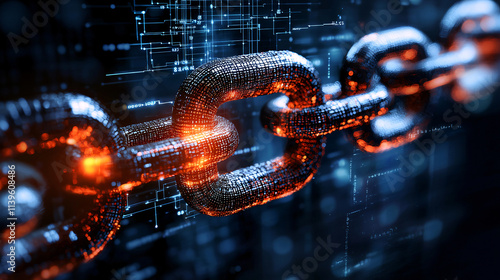 high resolution image of secure blockchain chain link, showcasing digital technology and data security. glowing links represent innovation and connectivity in digital world photo