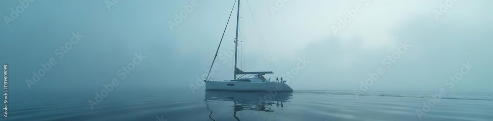 Fototapeta premium A sleek yacht floats motionless amidst the thick fog, its rigging swaying gently, misty, rigging