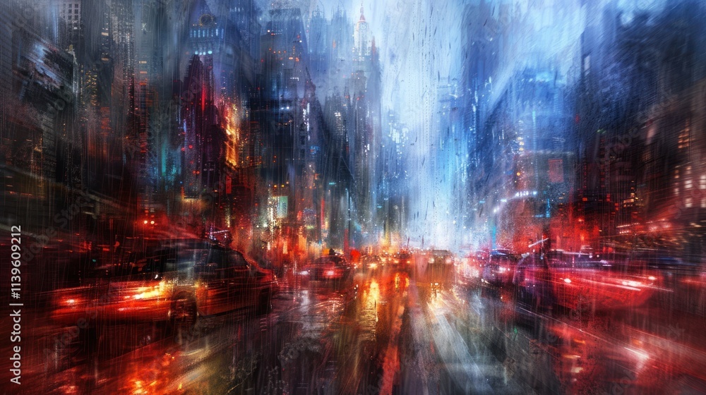 Fototapeta premium Futuristic city street at night, rain, red and blue lights, blurred motion.