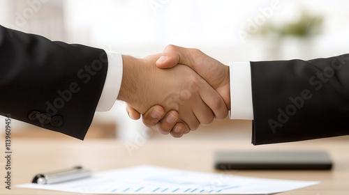 Two professionals shaking hands over a wooden desk,