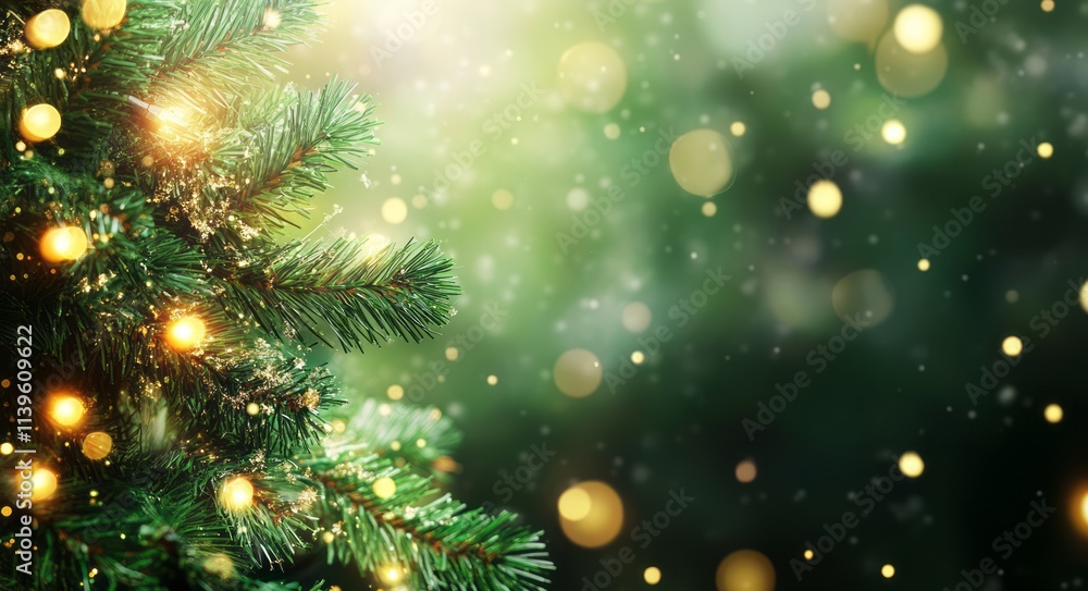 Festive Christmas Tree Branch With Lights and Snow Festive Christmas Tree Branch With Lights and Snow