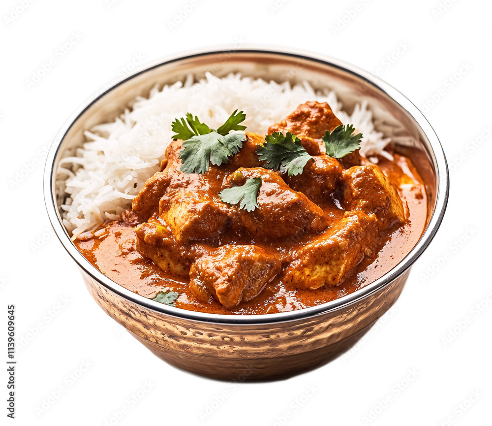 Chicken tikka masala with rice, isolated against a white background Chicken tikka masala with rice, isolated against a white background