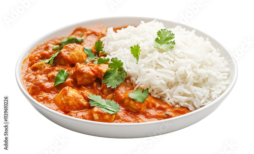 Chicken tikka masala with rice, isolated against a white background