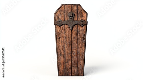 A rustic, wooden coffin with a skull emblem, evoking a mysterious and eerie atmosphere, suitable for Halloween or gothic themes.