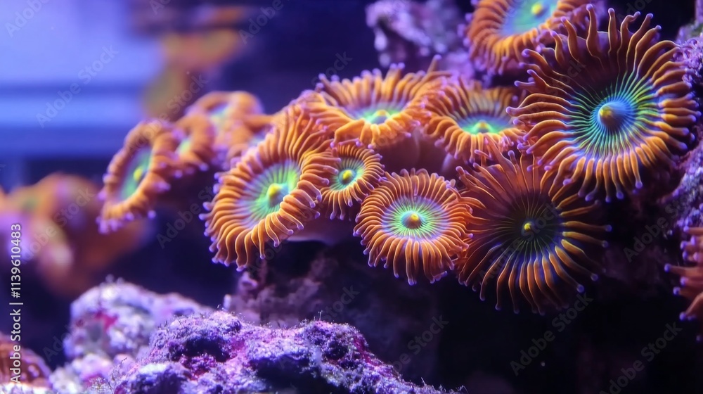 Vibrant orange and purple corals underwater. Vibrant orange and purple corals underwater.