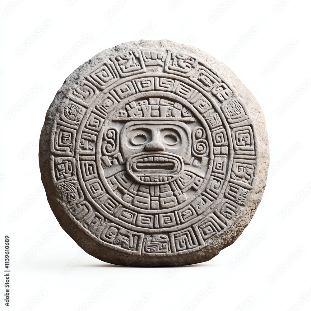 Obraz premium An ancient stone artifact featuring intricate carvings, possibly representing a deity or symbol from a historical civilization.
