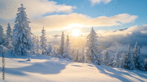 Wallpaper Mural Winter Sunrise in Snowy Mountains. Majestic Winter Landscape. Torontodigital.ca