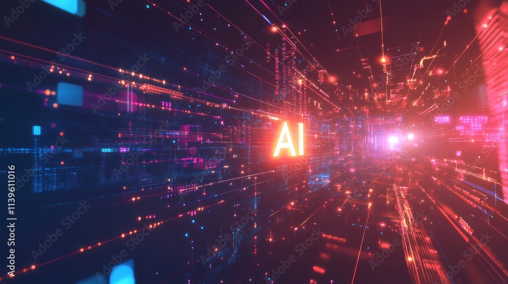 Obraz premium A dynamic futuristic background illustration filled with abstract digital and AI elements, with the text 