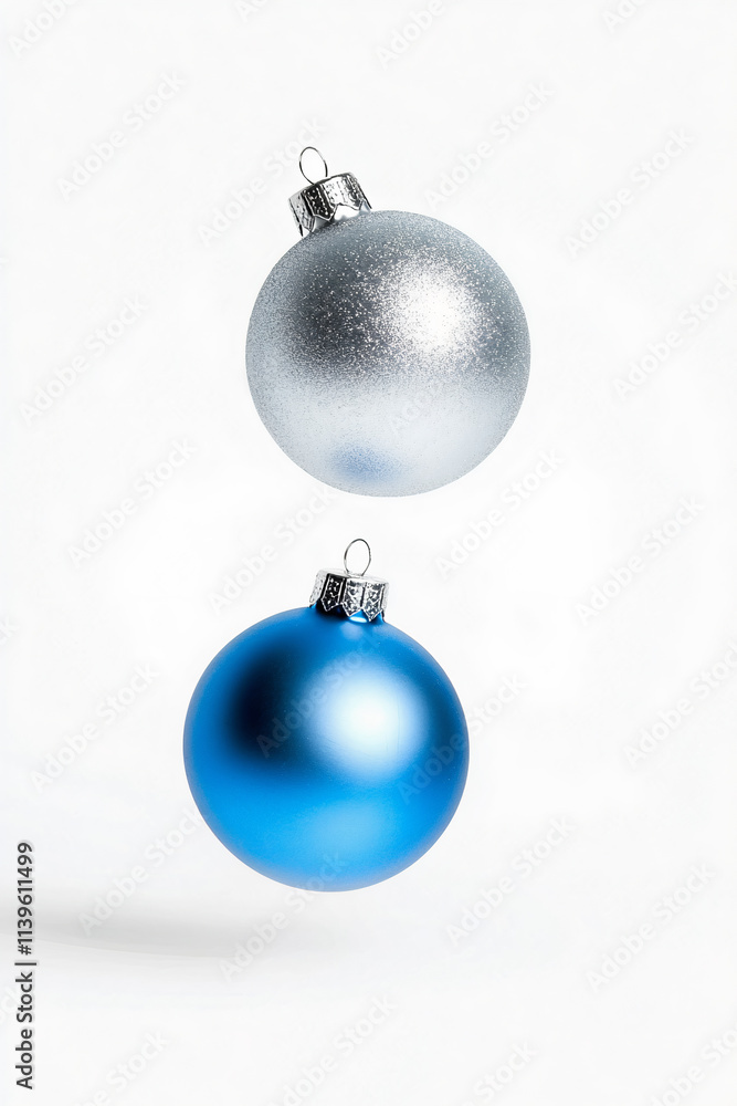 levitation of blue and silver Christmas ornament on a white isolated background levitation of blue and silver Christmas ornament on a white isolated background