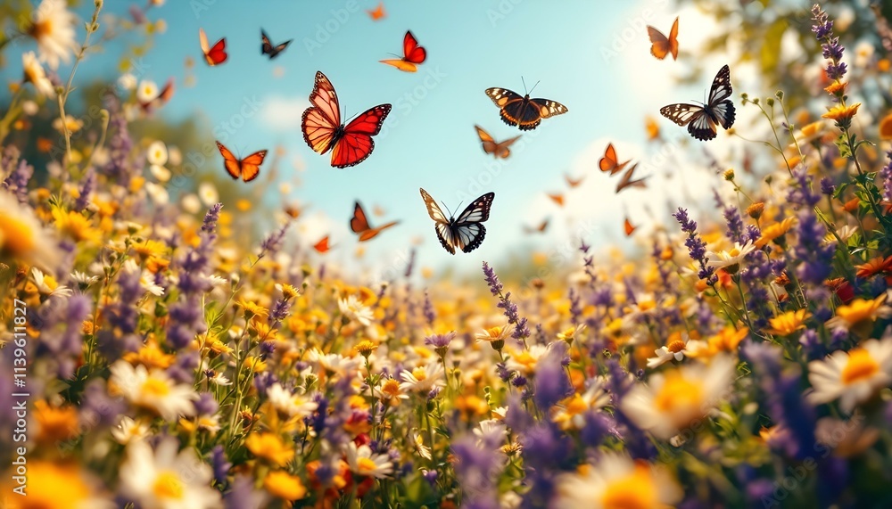 A tranquil landscape with red and black butterflies dancing over a colorful field of daisies and lavender, under a clear blue sky, with warm sunlight enhancing the vivid colors. A tranquil landscape with red and black butterflies dancing over a colorful field of daisies and lavender, under a clear blue sky, with warm sunlight enhancing the vivid colors.