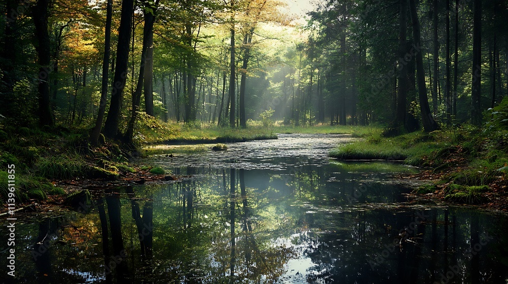 Fototapeta premium Misty Forest Creek. Tranquil Nature Scene.