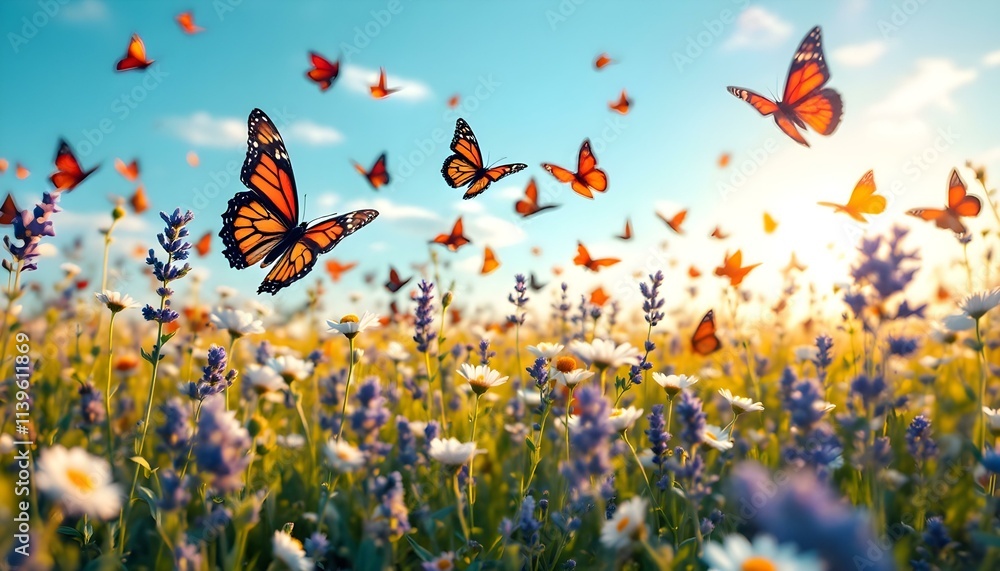 A tranquil landscape with red and black butterflies dancing over a colorful field of daisies and lavender, under a clear blue sky, with warm sunlight enhancing the vivid colors. A tranquil landscape with red and black butterflies dancing over a colorful field of daisies and lavender, under a clear blue sky, with warm sunlight enhancing the vivid colors.