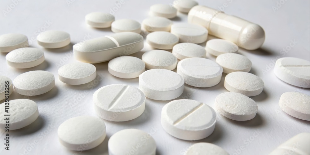 A close-up view of various white pills and capsules scattered on a white surface A close-up view of various white pills and capsules scattered on a white surface