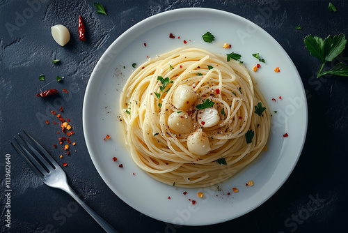 A white ceramic plate of Spaghetti Aglio e Olio with a fork top down view. photo