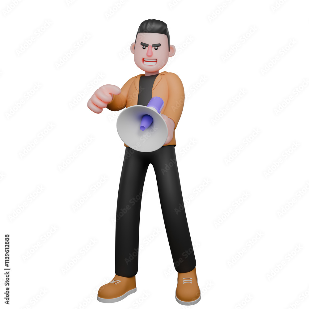 Professional Film Director Cartoon Creative 3D Character. A male director stands holding a loudspeaker in his left hand while ringing it. Illustration Design