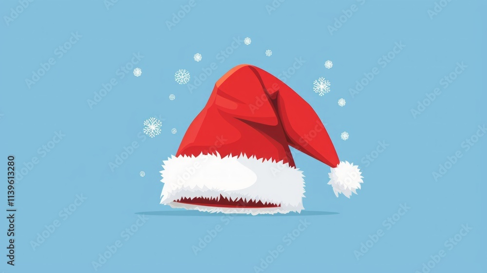 Flat Style Santa Claus Hat with Snowflakes on Blue Background. Generative AI Flat Style Santa Claus Hat with Snowflakes on Blue Background. Generative AI