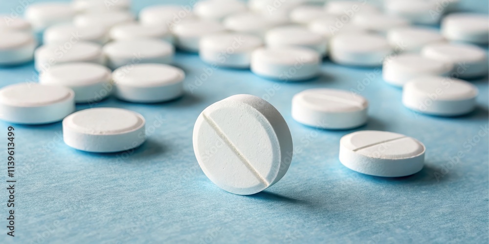 Close-up view of numerous white tablets scattered on a light blue surface, one pill in sharp focus Close-up view of numerous white tablets scattered on a light blue surface, one pill in sharp focus