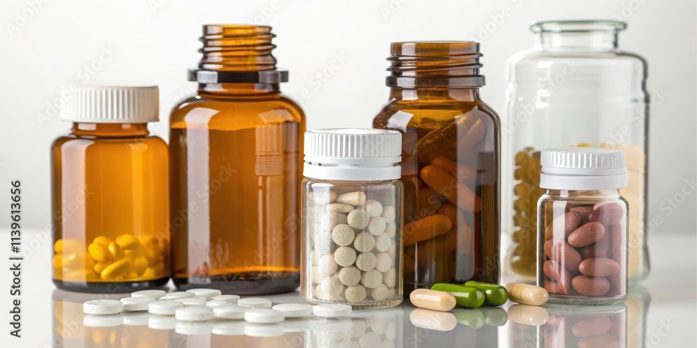 Collection of various amber and clear medicine bottles filled with different types of pills and capsules Collection of various amber and clear medicine bottles filled with different types of pills and capsules