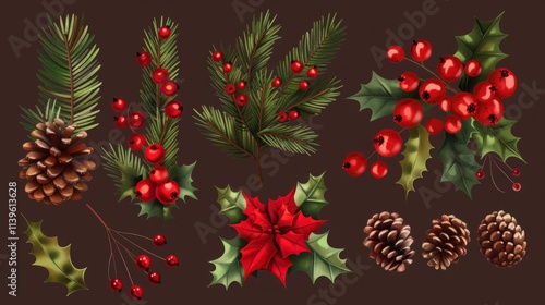 Set of Decorative Christmas Elements with Holly, Pine Cones, and Red Berries. Generative AI photo